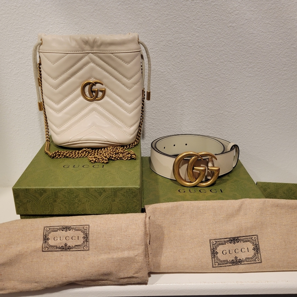 Gucci Marmont Mini Bucket Bag & Marmont Wide Belt Set in White